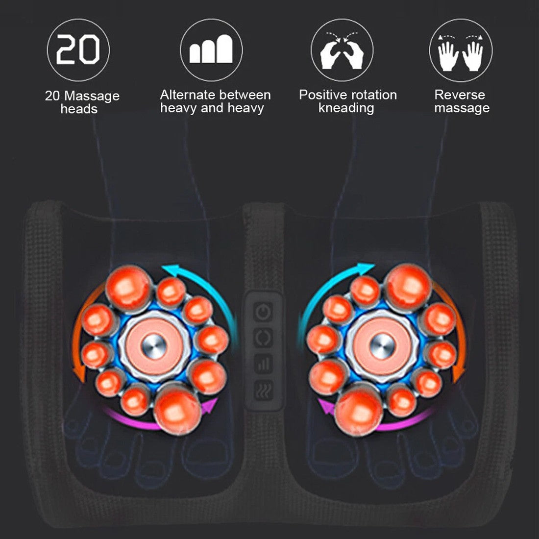 Massage device with 20 massage heads and various massage techniques on a dark background